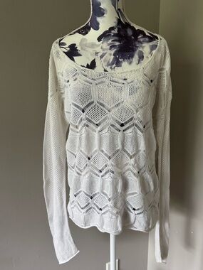 Y2K Esprit Women's White Open-Knit Long Sleeve Sweater